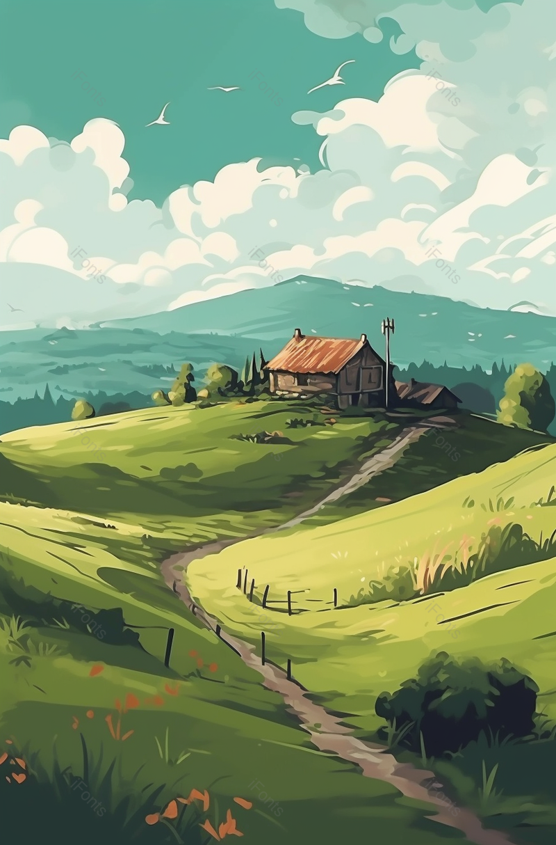 手绘插画自然乡村房屋田野风景素材,插画/手绘图,插画/手绘图库,插画/手绘图下载,插画/手绘